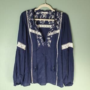 Pale Sky Womens Blue Embroidered Lace Boho Marant Peasant Blouse Top Size Large